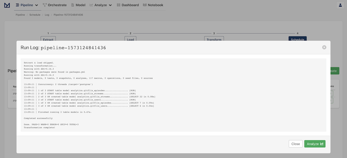 Screenshot of run log of a completed pipeline for the CSV Extractor